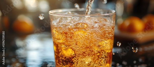 Refreshing carbonated beverage being poured into a glass creating bubbles and splashes in a warm light setting
