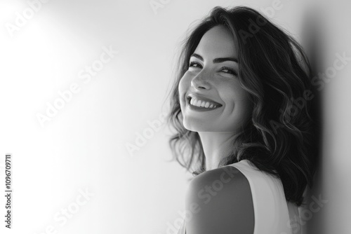 A close-up portrait of a smiling woman in a black and white photo