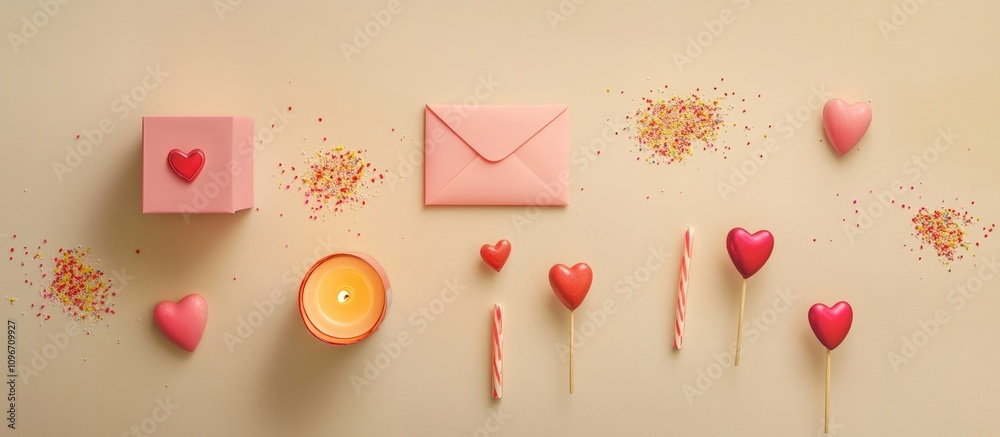 Valentine's Day celebration flat lay with pink gift boxes, hearts, a candle, and decorative sprinkles on a neutral background Valentine's Day celebration flat lay with pink gift boxes, hearts, a candle, and decorative sprinkles on a neutral background