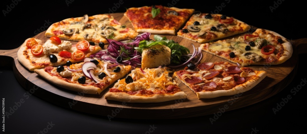 Assorted gourmet pizza slices on a wooden platter with fresh greens and herbs set against a dark background for an elegant buffet display Assorted gourmet pizza slices on a wooden platter with fresh greens and herbs set against a dark background for an elegant buffet display