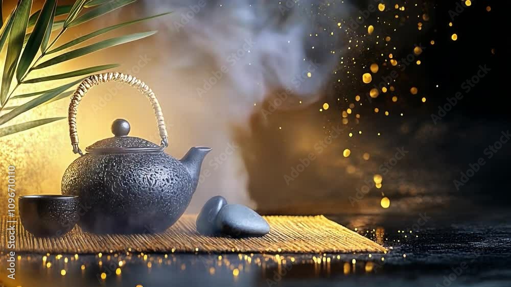 Traditional Japanese herbal tea in old teapot on dark background