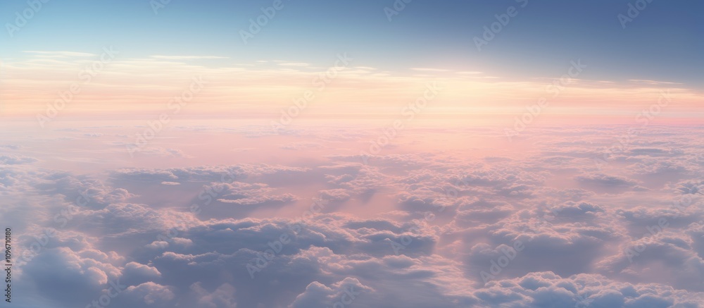 Obraz premium Serene aerial view of fluffy clouds under a pastel sky captured from an airplane window at sunset