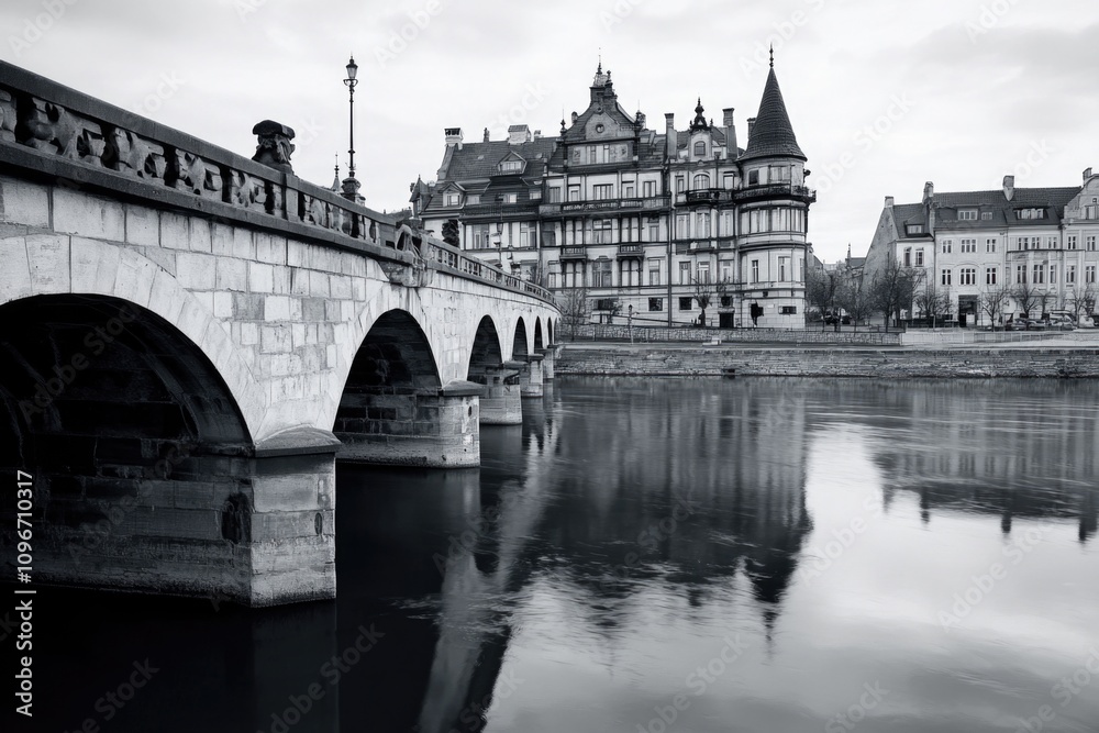 A serene landscape featuring a historic bridge spanning across a calm river A serene landscape featuring a historic bridge spanning across a calm river