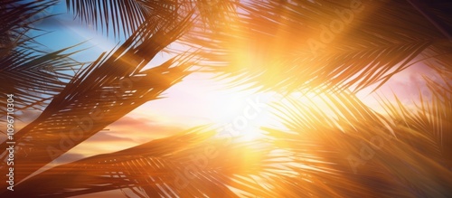 Sunset glow through palm leaves creating a tropical paradise atmosphere with vibrant colors and serene scenery photo