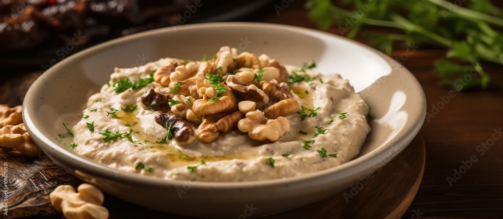 Baba ghanoush appetizer garnished with walnuts and herbs served in a rustic bowl on a wooden table Baba ghanoush appetizer garnished with walnuts and herbs served in a rustic bowl on a wooden table