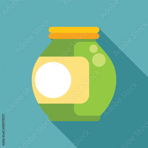 Green jar with yellow label and blank white circle, containing preserved food, casting a long shadow on a blue background