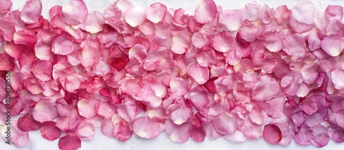 Pink rose petals arranged aesthetically on a white backdrop creating a serene and delicate flat lay composition for floral designs or backgrounds.