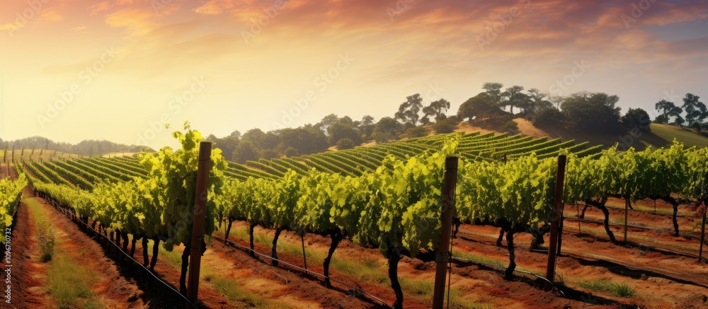 Naklejka premium Sunset Over Lush Vineyard Rows with Grape Vines under Warm Sky and Rolling Hills in Picturesque Landscape