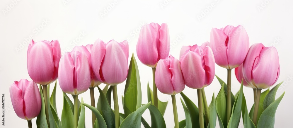 Close up of delicate pink tulips arranged in a row against a clean white background showcasing their natural beauty and elegance Close up of delicate pink tulips arranged in a row against a clean white background showcasing their natural beauty and elegance