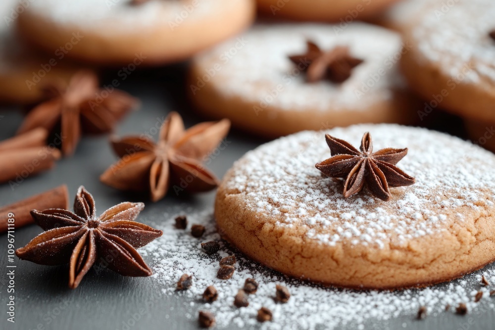 Freshly baked cookie topped with star anise, perfect for snacking or decorating Freshly baked cookie topped with star anise, perfect for snacking or decorating
