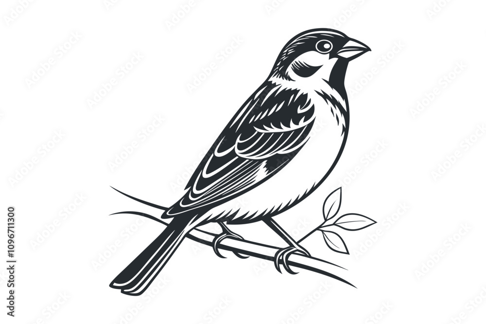 Obraz premium Detailed of sparrow bird black and white silhouette vector illustration