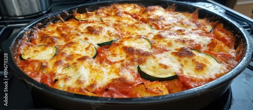 Deliciously baked cheese zucchini and tomato gratin in a black baking dish on a kitchen countertop ready to be served photo