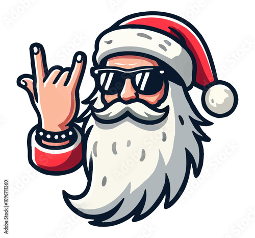 Rock Santa Claus wearing sunglasses and making a rock hand gesture, perfect for modern and fun holiday projects. A humorous vector illustration combining festive vibes, style, and Christmas spirit.