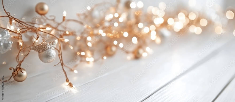 Obraz premium Festive holiday garland on rustic wooden board with warm lights creating a cozy Christmas atmosphere and beautiful bokeh effects