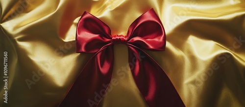 Close-up of a beautifully wrapped gift with a red satin bow on luxurious golden fabric against a clean white background