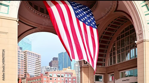 Huge American Flag hanging from a ceiling in Boston, Massachusetts, USA on a cloudy day.  photo