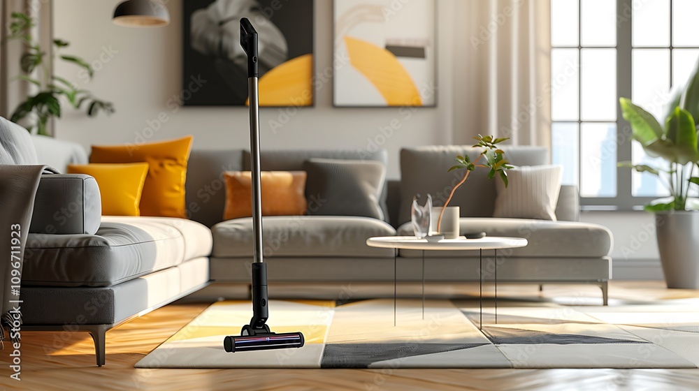 Fototapeta premium compact vacuum cleaner showcased in a stylish and modern interior, delivering efficient cleaning performance with a sleek design for contemporary homes
