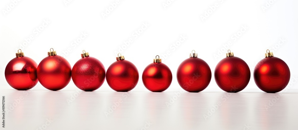Red Christmas Ornaments Laid Out in a Row on a White Background Celebrating the Festive Holiday Season and Decorations Red Christmas Ornaments Laid Out in a Row on a White Background Celebrating the Festive Holiday Season and Decorations