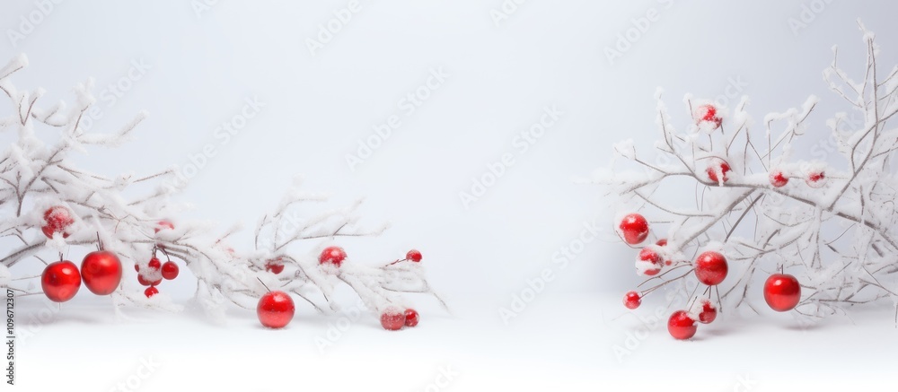 Festive snow scene with frosted twigs red berries and ornaments creating a serene winter decoration with space for seasonal text or messages Festive snow scene with frosted twigs red berries and ornaments creating a serene winter decoration with space for seasonal text or messages
