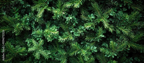 Lush evergreen foliage of a natural Christmas tree creating a vibrant green backdrop for holiday themes and decorations.