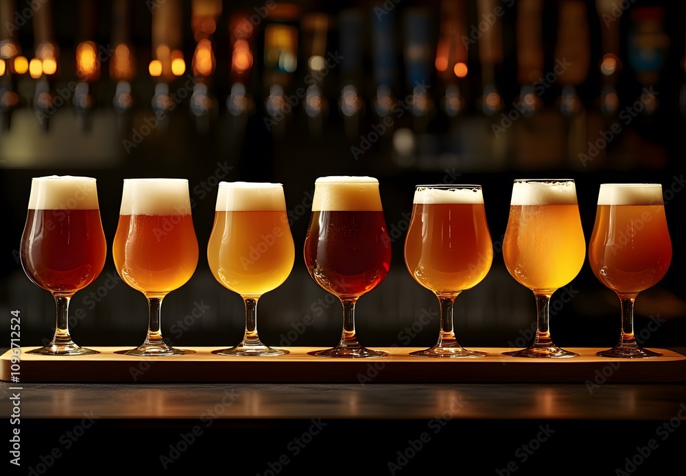 Colorful flight of craft beer in glasses on a wooden board at the bar counter, front view. A variety collection of modern ales and lagers for a taste test or tasting party. Colorful flight of craft beer in glasses on a wooden board at the bar counter, front view. A variety collection of modern ales and lagers for a taste test or tasting party.