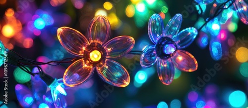 Colorful bokeh lights from decorative flower garlands creating a vibrant festive atmosphere with a blurred outdoor background celebrating holidays