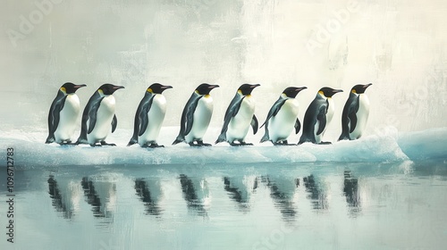 Group of Penguins on Ice Floe in Cold Landscape photo