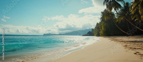 Tropical beach paradise with clear blue ocean waves and lush palm trees under a bright sky ideal for summer vacation relaxation photo