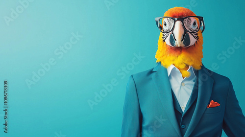 Parrot head on a person in a blue suit.