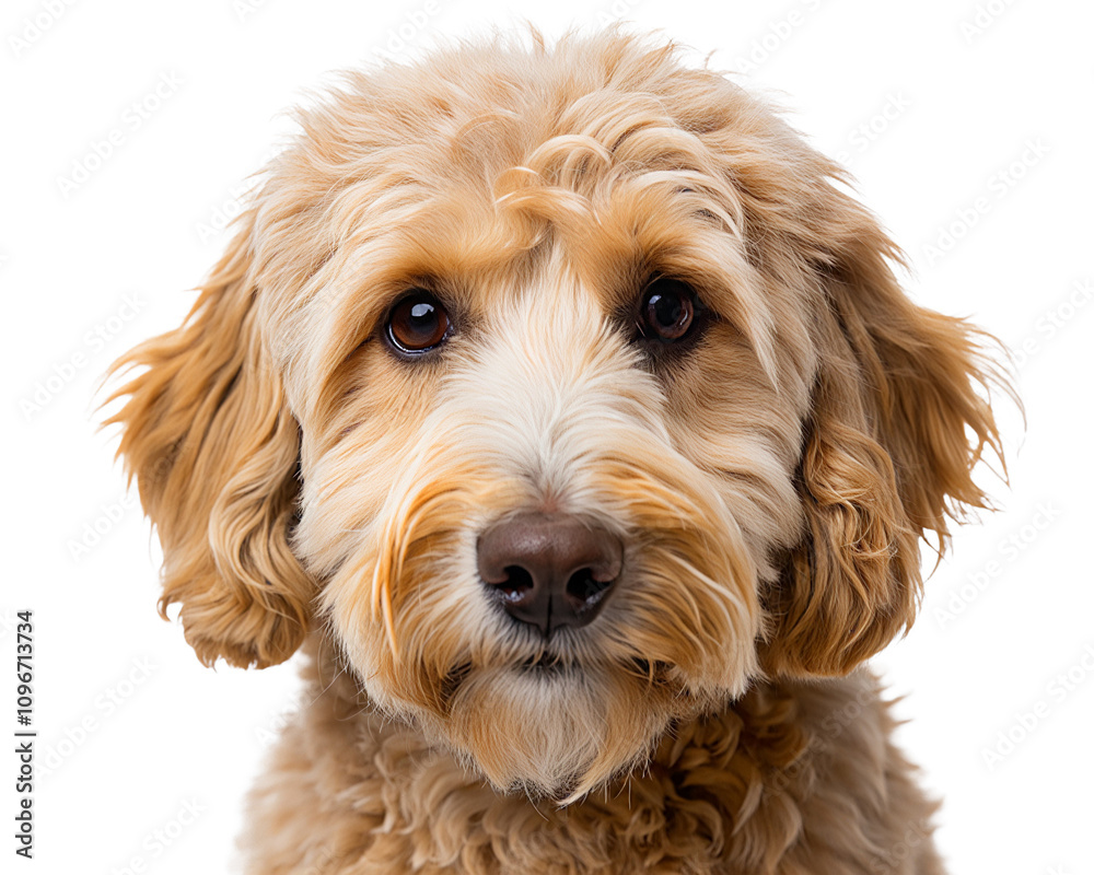 Labradoodle with soft curly sand-colored fur looking directly at the camera.