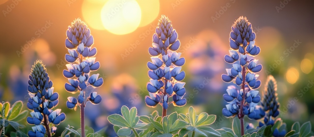 Blue flowers illuminated by afternoon sunlight on a lush green grass background at a serene resort setting Blue flowers illuminated by afternoon sunlight on a lush green grass background at a serene resort setting