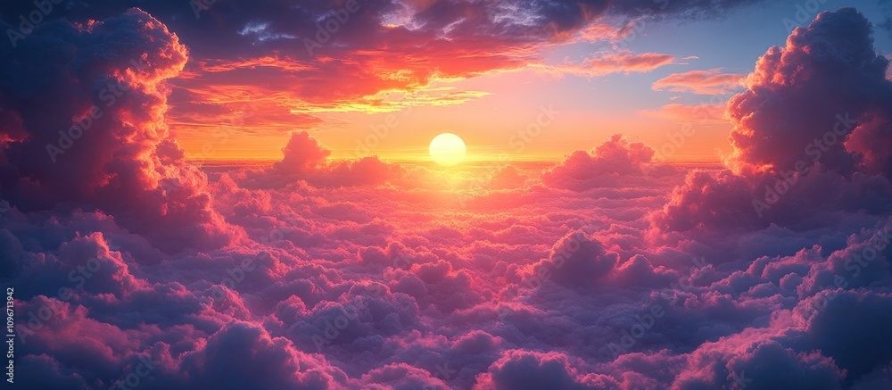 Fototapeta premium twilight sky with sun setting behind colorful clouds creating a serene atmospheric landscape scene