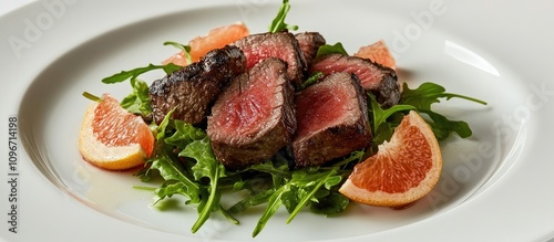 Beef steak slices with grapefruit and arugula salad garnished on a white plate for gourmet dining experience photo