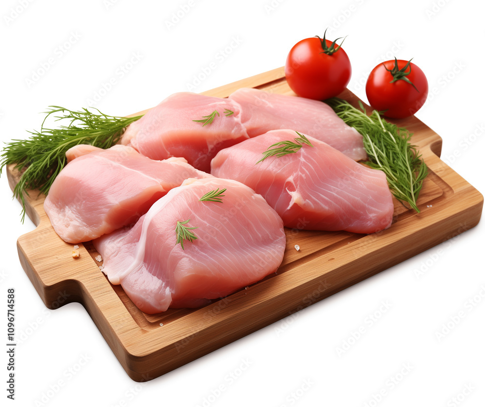 Raw chicken on a wooden board, isolated against a white background Raw chicken on a wooden board, isolated against a white background