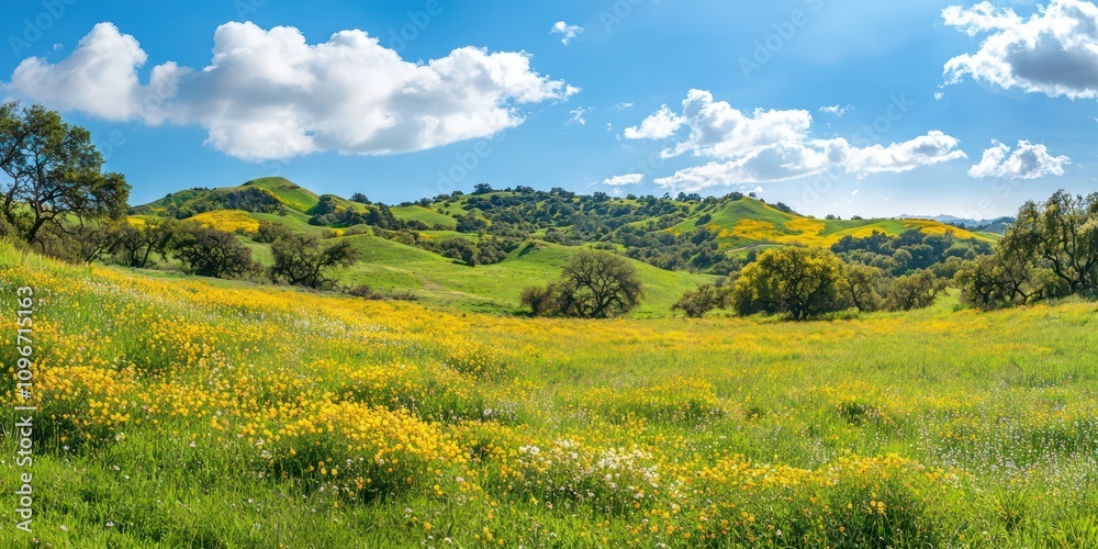 A wide, picturesque view of rolling green hills covered in blooming flowers, with trees sprouting new leaves under a bright blue sky. A wide, picturesque view of rolling green hills covered in blooming flowers, with trees sprouting new leaves under a bright blue sky.