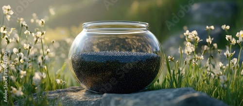 Kuciukai in a glass jar surrounded by poppy seeds and wildflowers in a serene natural setting at dawn. photo