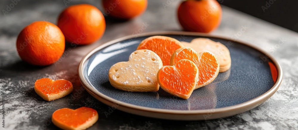 Romantic table setting featuring heart-shaped cookies and tangerines for a beautiful evening celebration Romantic table setting featuring heart-shaped cookies and tangerines for a beautiful evening celebration