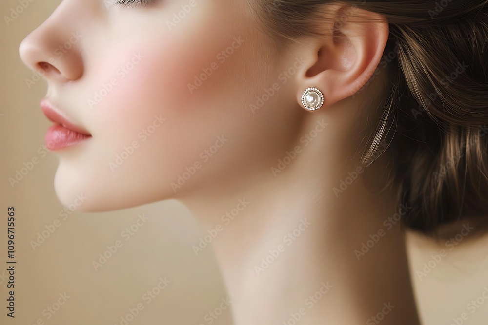 Profile of beautiful woman wearing elegant pearl and diamond earrings Profile of beautiful woman wearing elegant pearl and diamond earrings