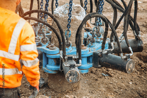 Wallpaper Mural Heavy machinery pile cropper cutting off piles at a construction site with blue hydraulic pile cropper Torontodigital.ca