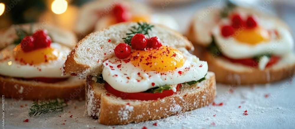 Festive Christmas Sandwiches with Eggs Red Pepper and Fresh Garnishes on a Winter Table Setting Festive Christmas Sandwiches with Eggs Red Pepper and Fresh Garnishes on a Winter Table Setting