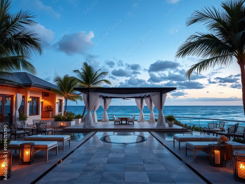 Fototapeta premium Luxurious oceanfront property with stunning views of the ocean and private beach access, beach, views