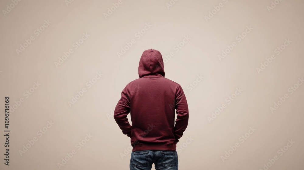 A person in a hoodie stands with their back to the viewer against a plain background. A person in a hoodie stands with their back to the viewer against a plain background.