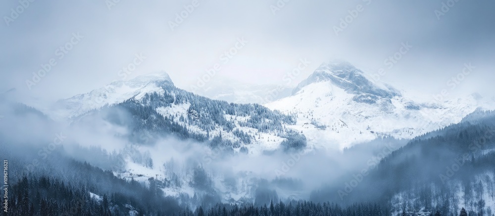 Majestic Snow-Capped Mountain Range Shrouded in Mist and Fog with Lush Pine Forest in Foreground Majestic Snow-Capped Mountain Range Shrouded in Mist and Fog with Lush Pine Forest in Foreground