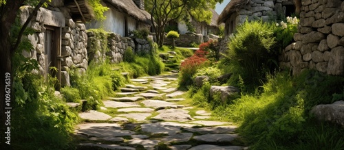 Serene stone pathway surrounded by lush grass and rustic stone houses in a tranquil village setting