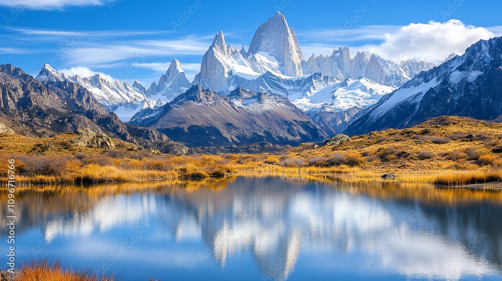 Naklejka premium Majestic mountain reflecting in calm lake.