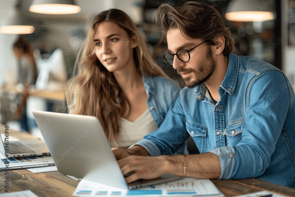 Young Businesswoman and Man Working Together on Laptop in Office, Discussing Fashion Design Project Near Computer, Middle Aged Latin Female Manager Teaching Male Worker at Office Meeting Young Businesswoman and Man Working Together on Laptop in Office, Discussing Fashion Design Project Near Computer, Middle Aged Latin Female Manager Teaching Male Worker at Office Meeting