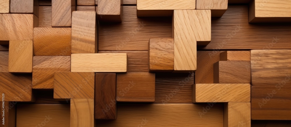 Wooden puzzle blocks arranged creatively showcasing education through play and cognitive skill development in children and adults alike Wooden puzzle blocks arranged creatively showcasing education through play and cognitive skill development in children and adults alike