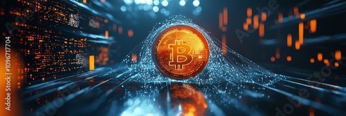 Bitcoin Crypto Coin Surrounded by Encrypted Code in Secure Digital BTC Vault