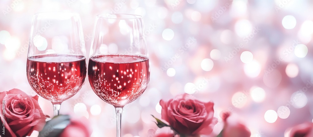 Romantic setting with two glasses of red wine in front of a sparkling bokeh background with pink roses creating an intimate atmosphere Romantic setting with two glasses of red wine in front of a sparkling bokeh background with pink roses creating an intimate atmosphere