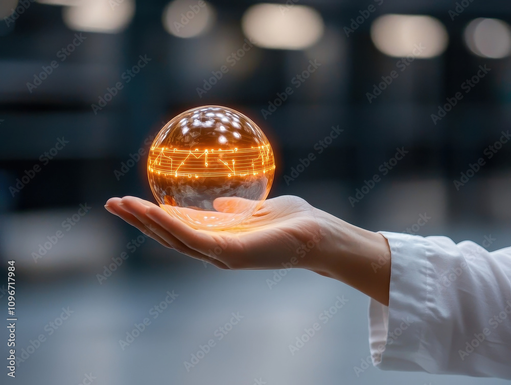 Fototapeta premium hand presenting secure holographic globe with encryption features, symbolizing technology and innovation. glowing sphere represents data security and modern advancements